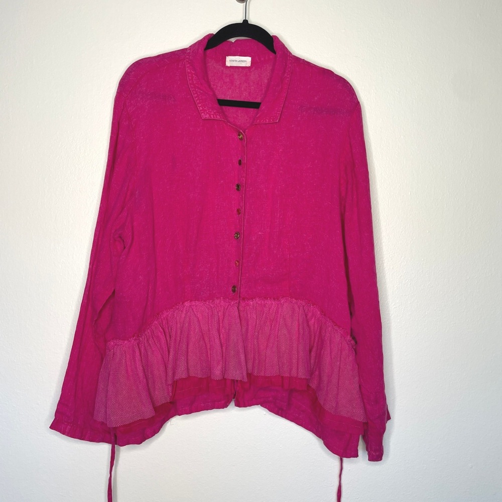 Krista Larson 100% Linen Hot Pink Tie Waist Peplum Blouse Jacket OS Lagenlook